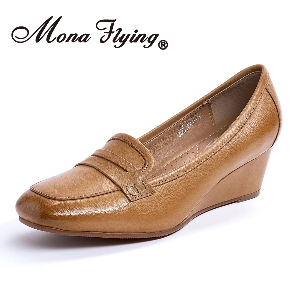 Mona flying Women's Genuine Leather 5 cm Wedge High Heels Pumps Heeled Loafer Square Toe Office Work Dress Heel Shoes 5007-G1