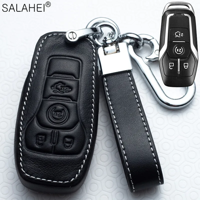 

Leather Car Key Remote Case For Ford Fusion Mondeo Mustang F-150 Explorer Edge for Lincoln MKX MKZ MKC, Fob 4 Button Accessories