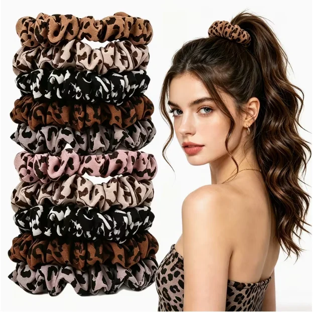10pcs random color Leopard print small intestine hair band, high elasticity elastic hair tie Attitude hairband