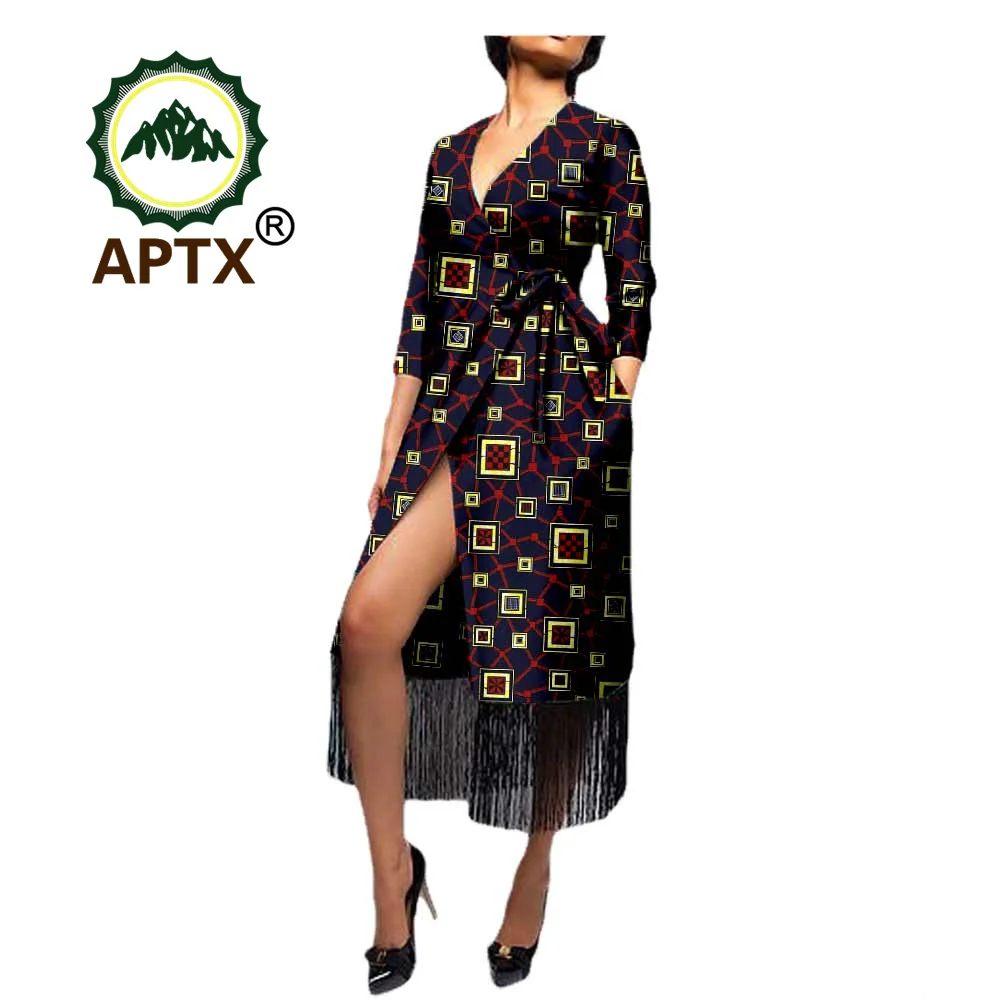 

African Dresses for Women Summer Casual V-neck Three Quarter Sleeve Dress with Tassel Ankara Print Women Clothing A7225137