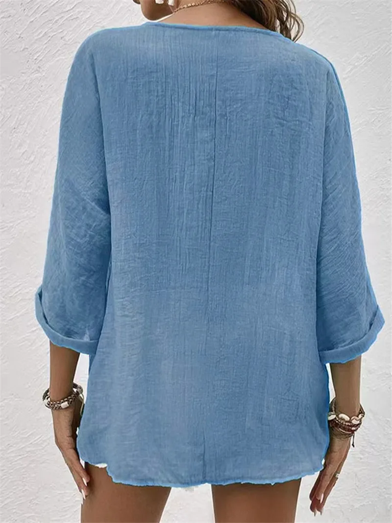 Bottoni eleganti Camicetta solida Primavera Nuove donne Camicie a maniche lunghe Camicetta Casual Allentato Vacanza con scollo a V Blusas femminili Top Streetwear