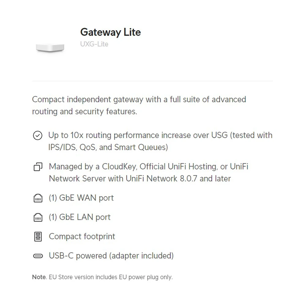 UBIQUITI uxg-lite Gateway Lite 10x aumenta el rendimiento de enrutamiento sobre USG, gestionado por CloudKey, host UniFi oficial