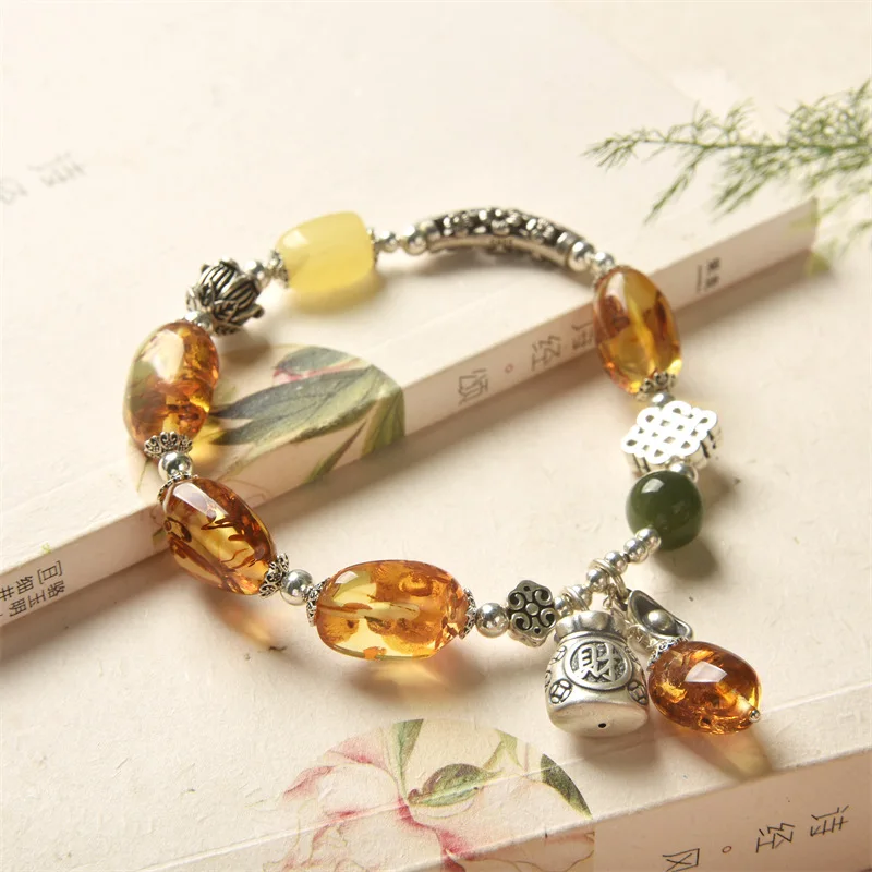 

UMQ Vintage Women's Natural Piebald Amber Bracelet Amber S925 Sterling Silver Thai Silver Elbow Lucky Bag DIY Design Bracelet