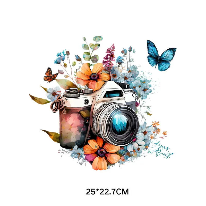 Butterfly and Bird Camera Heat Transfer Stickers Clothes Stripes Women Thermal Stickers Iron On Patches T-Shirt Applique