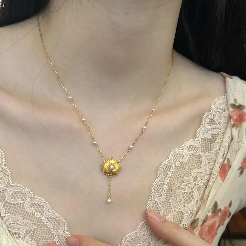 Rich and exquisite velvet gardenia pearl necklace antique gold craftsm brushed pearl collar chain tassel wedding jewelry - view 5