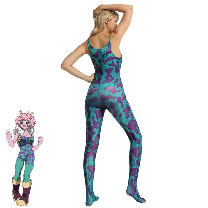 Disfraz de Anime My Hero Academia Ashido Mina, monos verdes Pinky, abrigo, peluca, tocado, traje de fiesta de Carnaval Sexy para mujer, 8's, 6