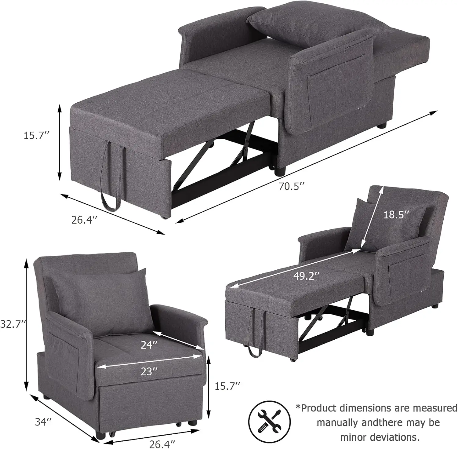 3 in 1 Chair Beds Sleeper Pull Out Sleeper Chair Convertible Chairs into Beds with Arms Pillow and Side Pockets(with Arm, Grey)