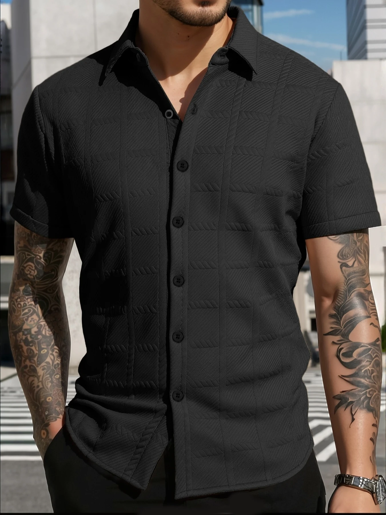 Summer new style men's collarless short-sleeved solid-color casual shirt, trendy and comfortable versatile men's clothing shirt