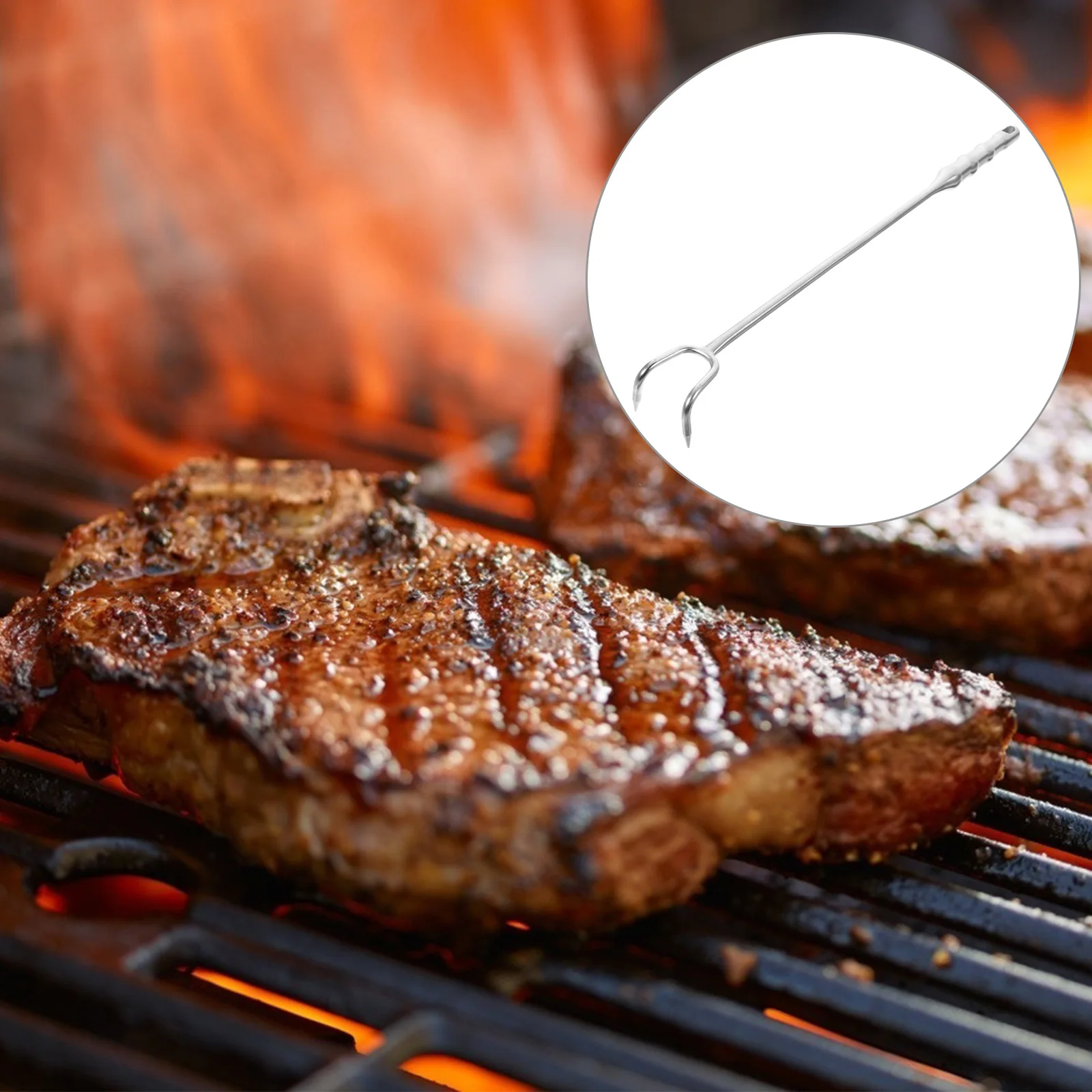 

Stainless Steel Meat Hook Reusable Food Flipper Bbq Grilling Tool Picnic Barbecue Accessory Lightweight Handle Portable Outdoor