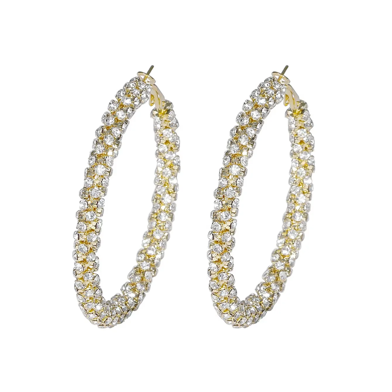 Silver Color Big Round Circle Sparkling Crystal Rhinestone Hoop Earrings for Women Statement Wedding Earrings Prom Gift