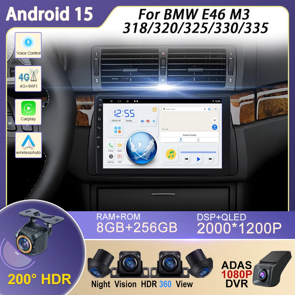 

Stereo Touch Screen 4G WIFI For BMW E46 M3 318/320/325/330/335 Car Android Auto Radio GPS Navigation Multimedia Player Carplay