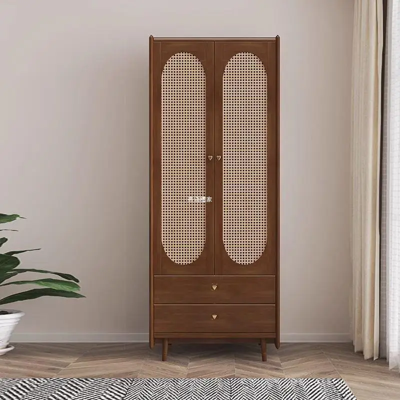 

Retro solid wood wardrobe household bedroom small apartment rattan hanging clothes storage cabinet