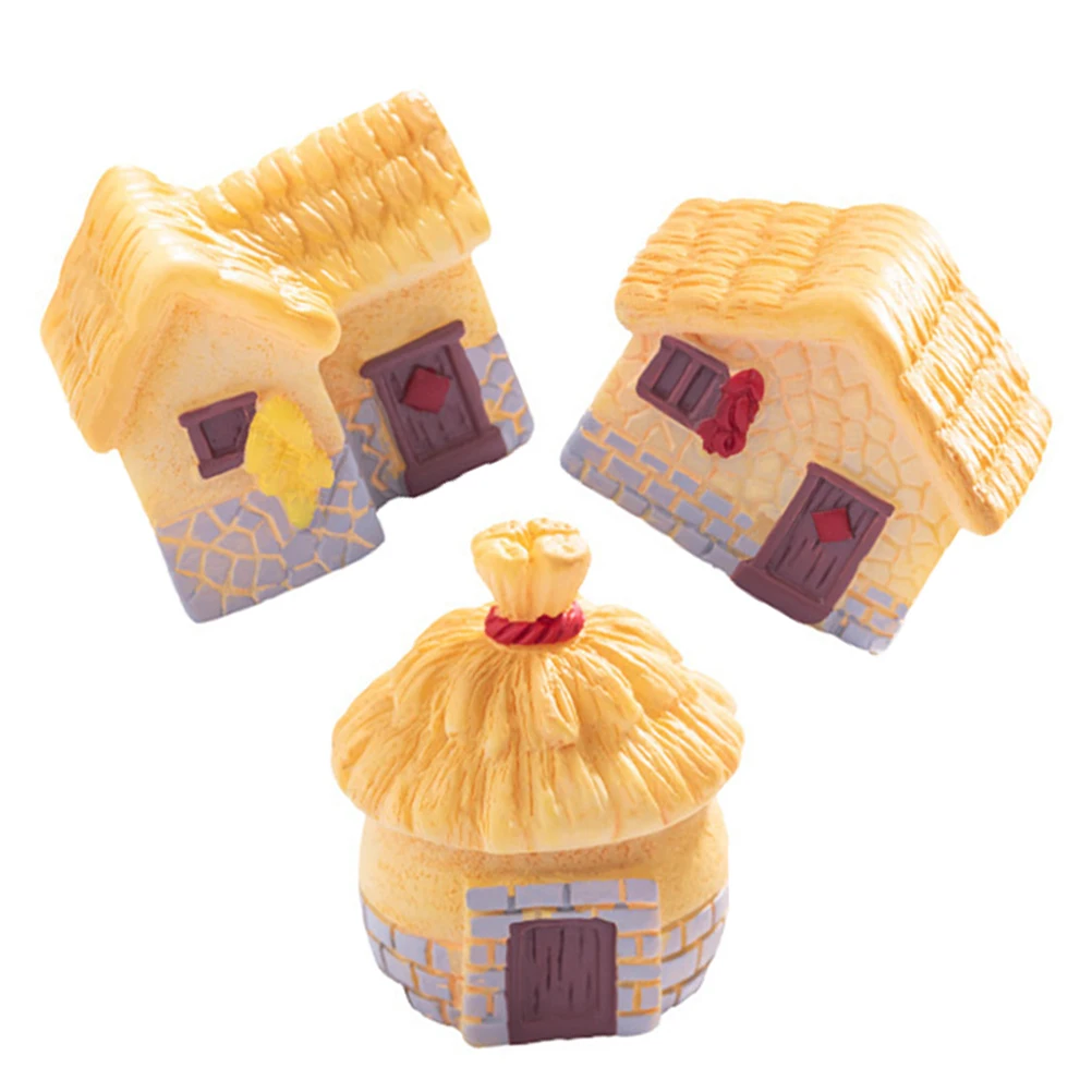 

3 Pcs Retro Country Thatched House Miniature Village Decorative Ornaments Vintage Rustic Accessories Mini Houses Small