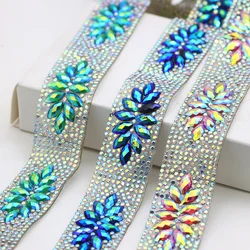 2cm Width Flower Green Blue Hot Fix Rhinestone Cup Chain Glue on Rhinestone Mesh Trim Belt For DIY Dance Dress Clothes.