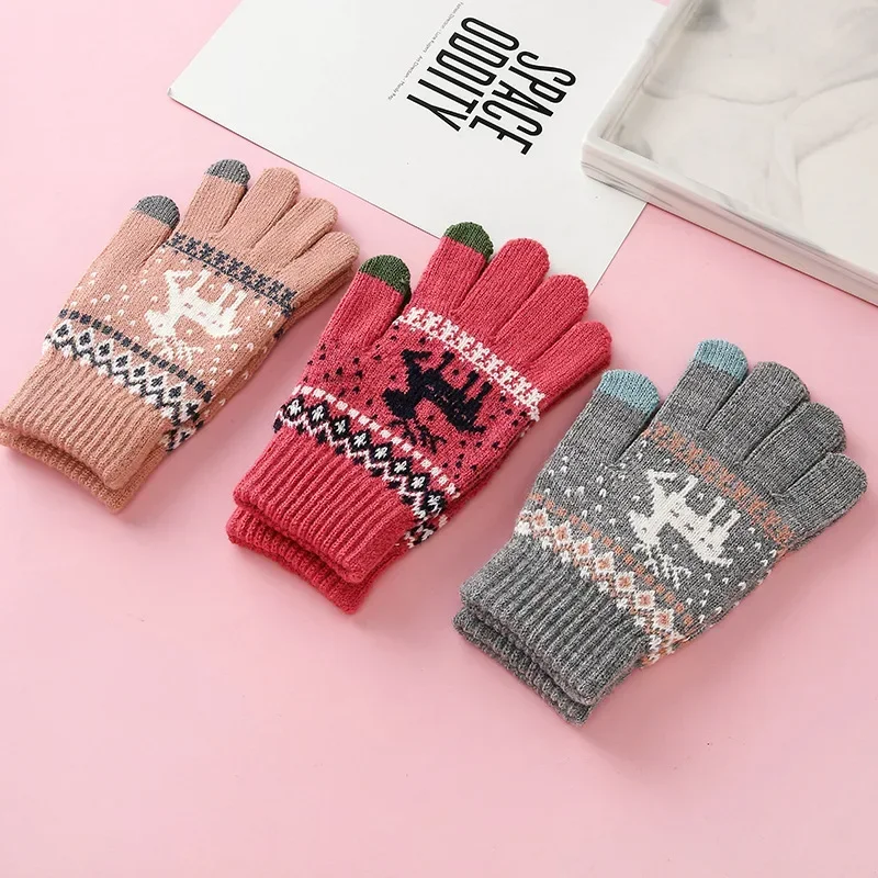 Guantes de punto para pantalla táctil, guantes cálidos de lana de cervatillo grueso, versión coreana, otoño e invierno, novedad