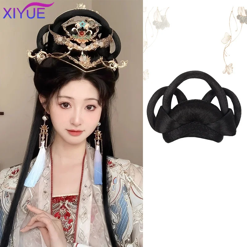 XIYUE Chinese Traditional Retro Hair Chignon Synthetic Hanfu Cosplay Wig Black Fake Hair Bun Ancient Fairy Princess Hair Band