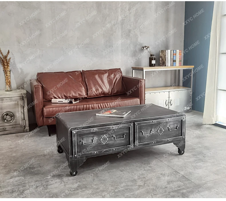 HRetro creative industrial style rectangular rivet metal wrought iron designer tea table living room storage living room cabinet