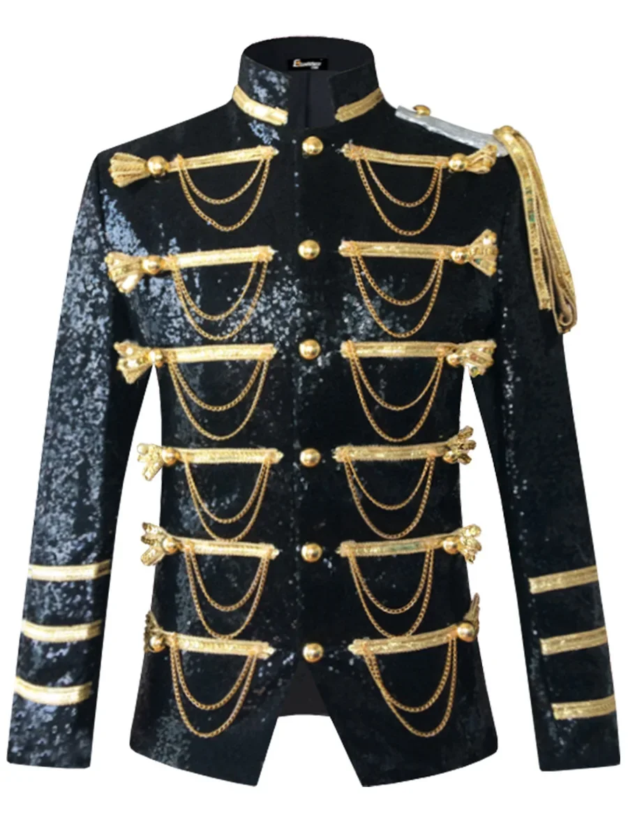 

Palace Attire Performance Male Host Ceremonial Dress Stage Attire Nightclub Bar DJ Sequin Chain Military Uniform