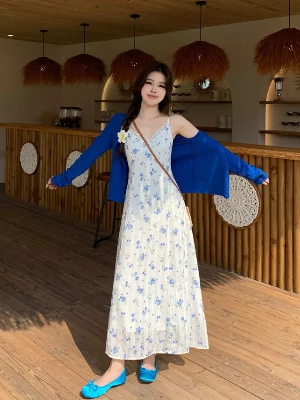 

plus Size Floral V-Neck Summer Dress Thin Blue Sun Protection Women's Dress Korean Style Commute Long Sleeve High Waist A-Lin...