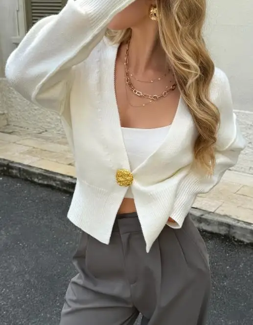 

Elegant Women's Sweater Jacket with Spring and Autumn Temperament, Slim Fit V-Neck, Metal Button Front, Knitted Sweater Jacket