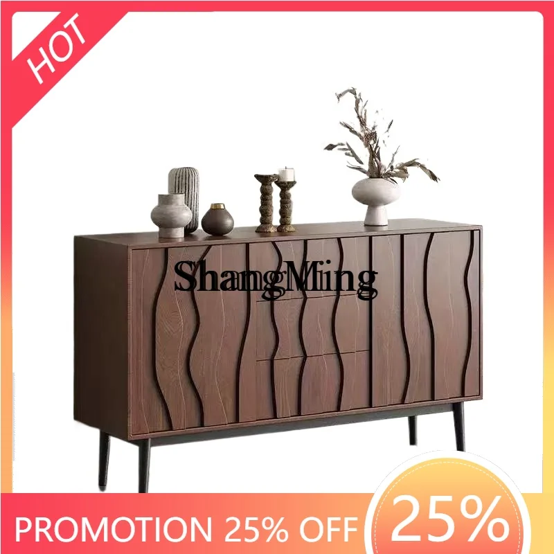 ZYYmedieval style solid wood dining side cabinet, wabi sandy wind living room integrated storage cabinet against the wall