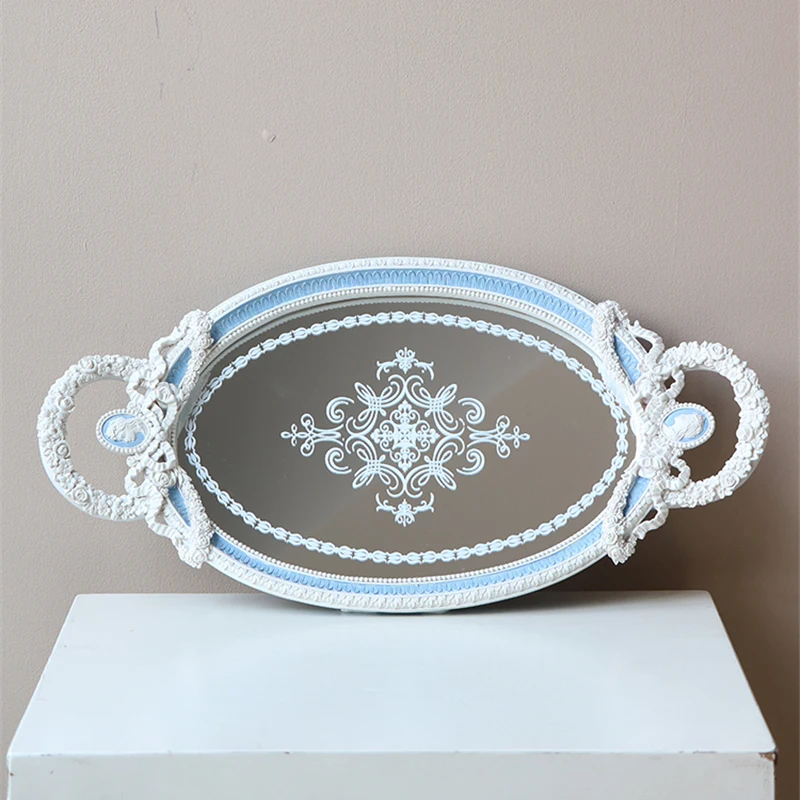 

Resin Tray Baroque Elegant Dressing Table Jewelry Mirror Storage Display Tray Blue and White Embossed Ornaments Home Decor Gift
