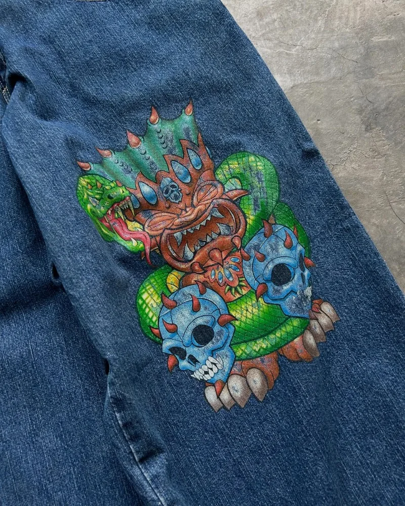 男性と女性のためのゴシックプリントのバギージーンズ,高品質,ヒップホップストリートウェア,原宿,ワイドレッグ,カジュアル,ファッション,y2k