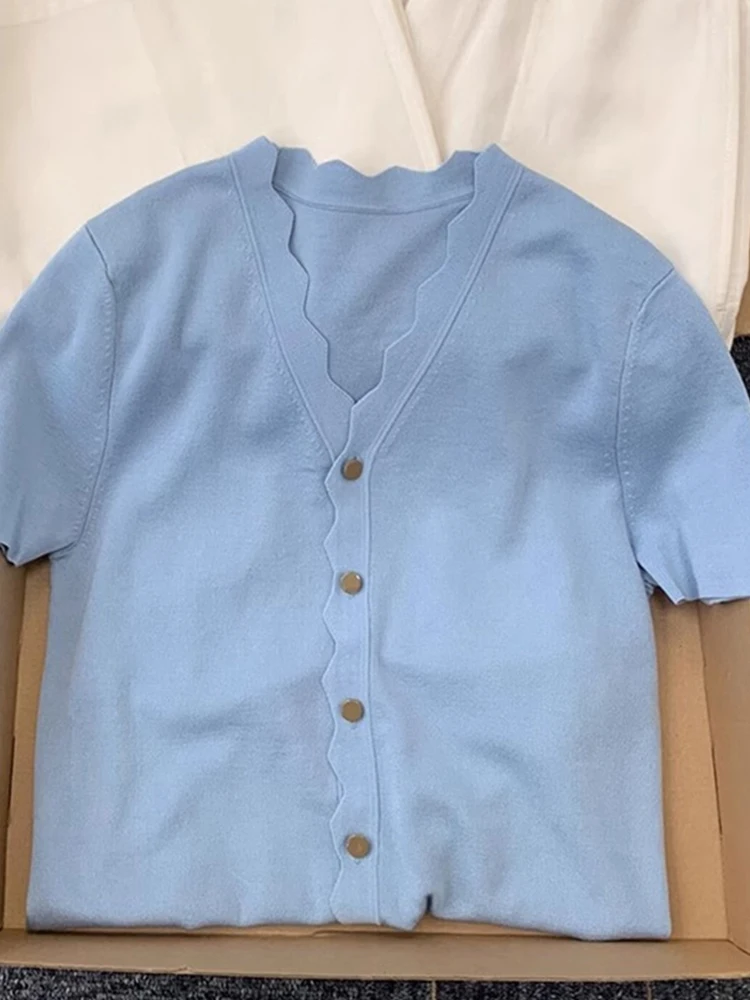 

Ele V-Ne Вязаный топ из ледяного шелка, модный летний новый Sle для похудения ort Sve Base irt, корейский свободный крой на пуговицах