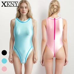 XCKNY costume da bagno intero a forma di T in raso lucido a forma di T costume da bagno attillato lucido con cerniera posteriore costume da bagno a contrasto di colore lucido