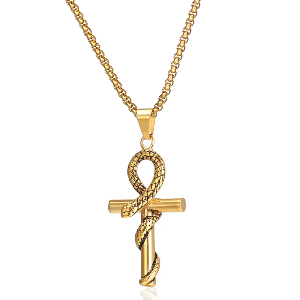 Stainless Steel Ankh Cross Pendant Necklace Coptic Cross Religious Snake Necklace 24 Inch Chain/Ancient Egyptian Cross Gift