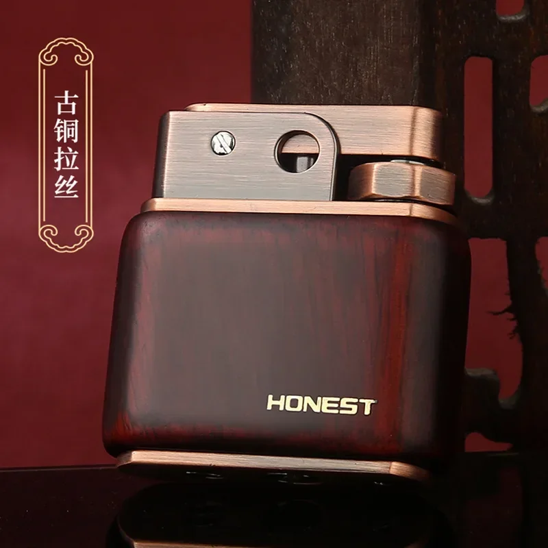 HONEST Old-fashioned Retro Sandalwood Log One-click Ejection Grinding Wheel Ignition Creative Kerosene Lighter Men\'s Gift