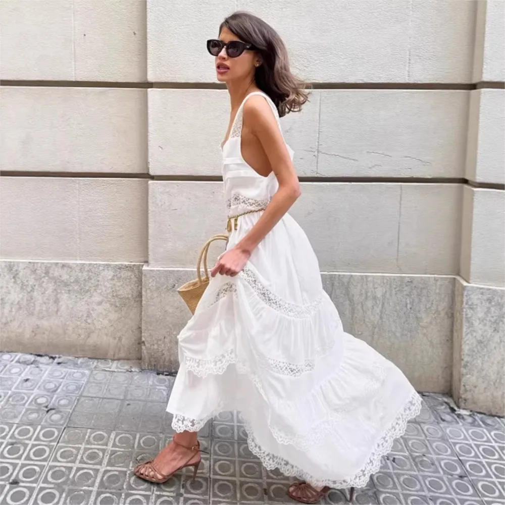 Picture 5: Dresses 2026 Woman Bohemian Lace A-line Dress Casual Evening Dress Vacation Solid Color See Through Lace Patchwork Sleeveless