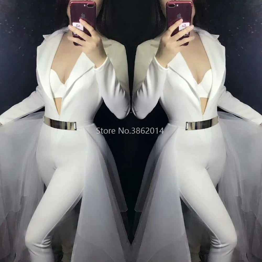 New Long Sleeve V Neck Solid Jumpsuit with Mesh Tail Women Nightclub Prom Party Dress Performance Stage Outfit Dance Costume