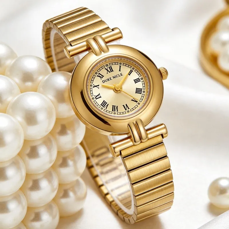 French Retro Gold Small Dial Women's Watches Fashion Elegant Exquisite Compact Quartz Wristwatch With Roman Scale Dial For Lady