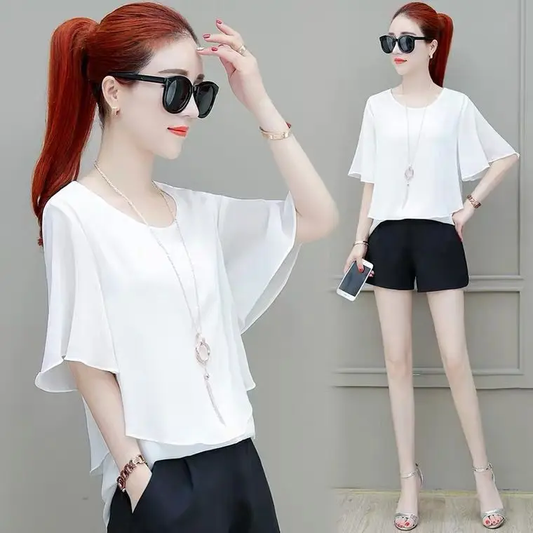 Blusa de chiffon coreana de verão para mulheres, manga curta, para escritório, plus size, elegante e acessível.