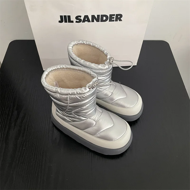 Brand Design Solid Color Snow Boots Round Head Thick Sole Piled Thickened Thermal Cotton Shoes Casual Outdoor Women's Boots