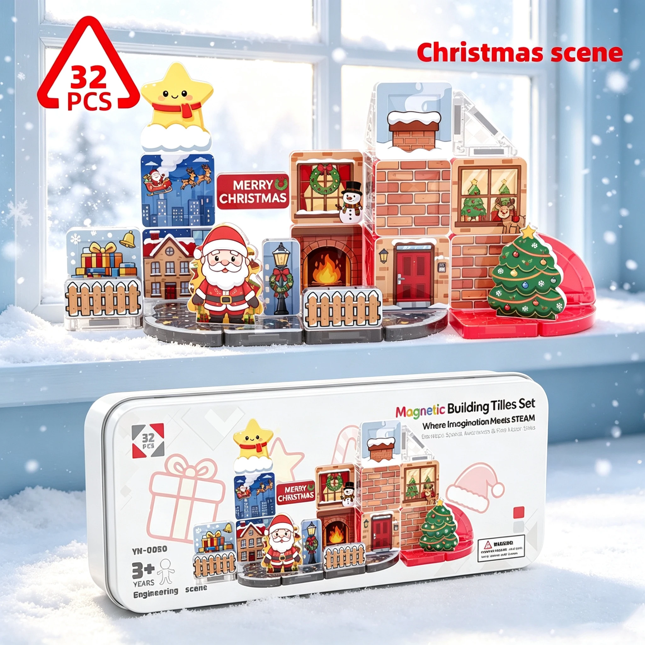 Christmas-Themed Ice and Snow Castle Magnetic Building Blocks Portable Travel Tin Set of Toys with colorful windows Magnetic Pie