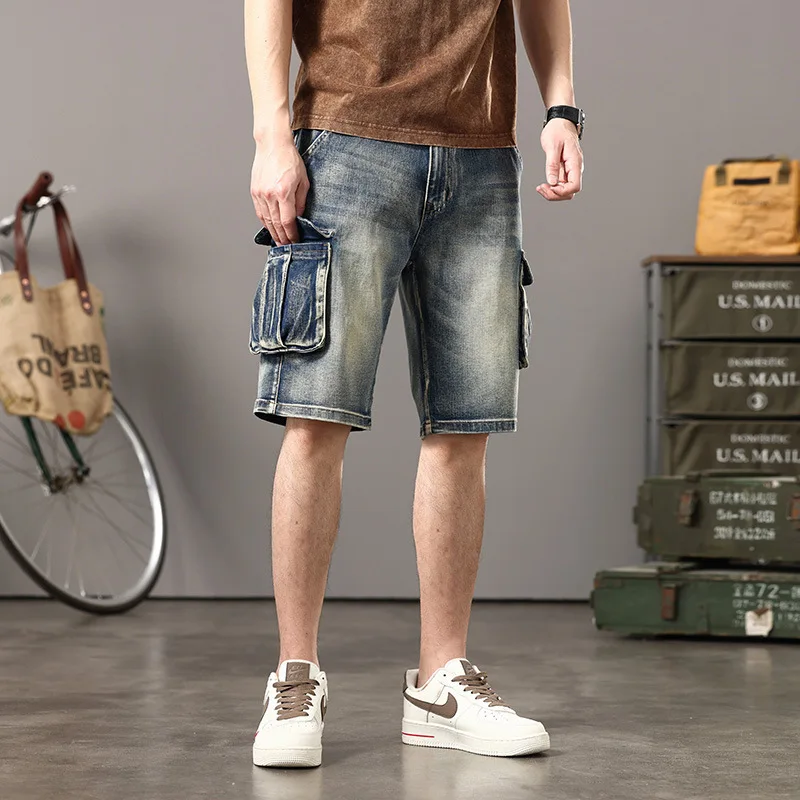 Summer Cargo Shorts Men\'s Retro Washed Multi-pocket Straight Loose Tooling Denim Short Pants Fashion Bottoms PLus Size 44