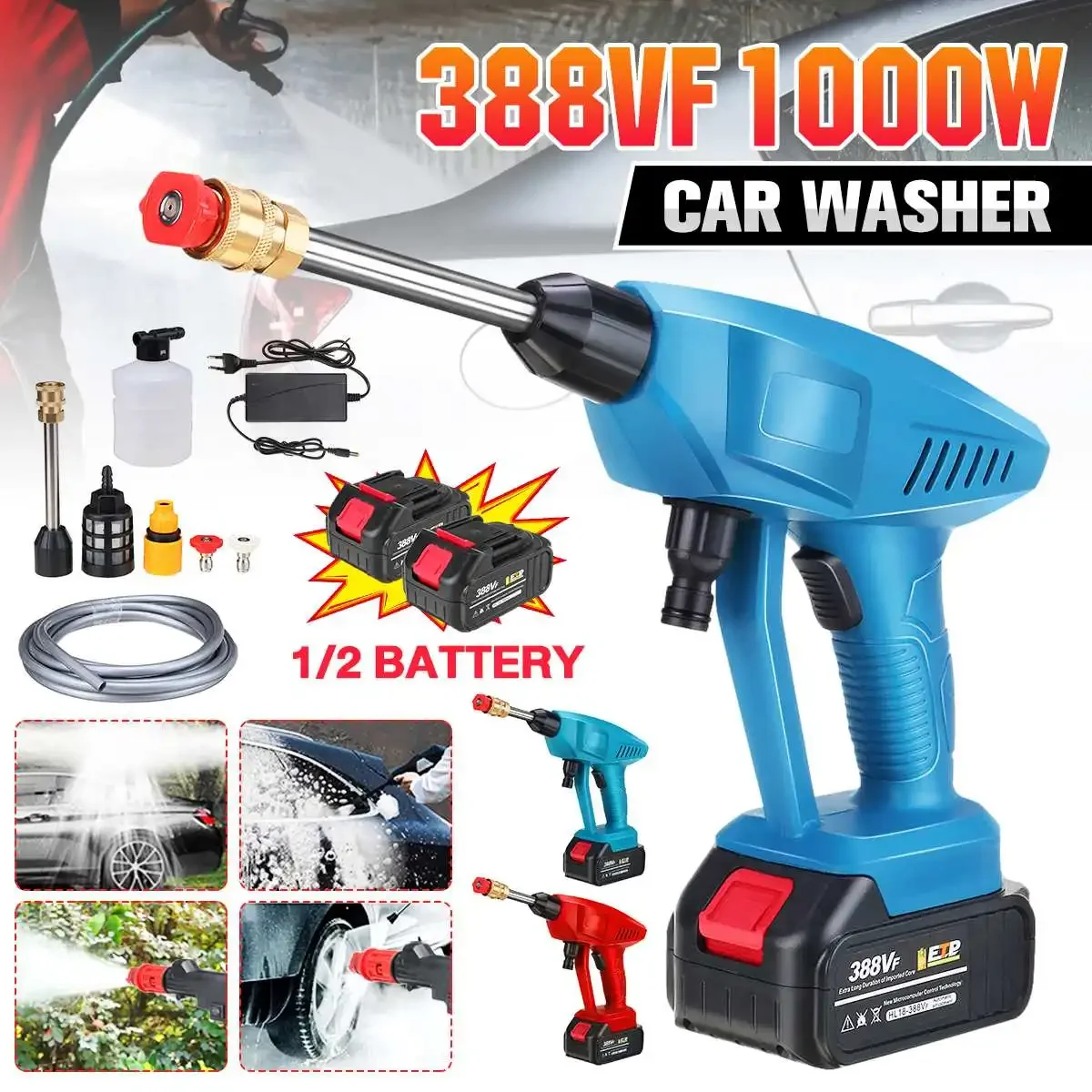 90BAR Wireless High Pressure Car Washer 1000W 388VF Water Gun Spray Portable Washer Foam Generator for Makit 18V Battery