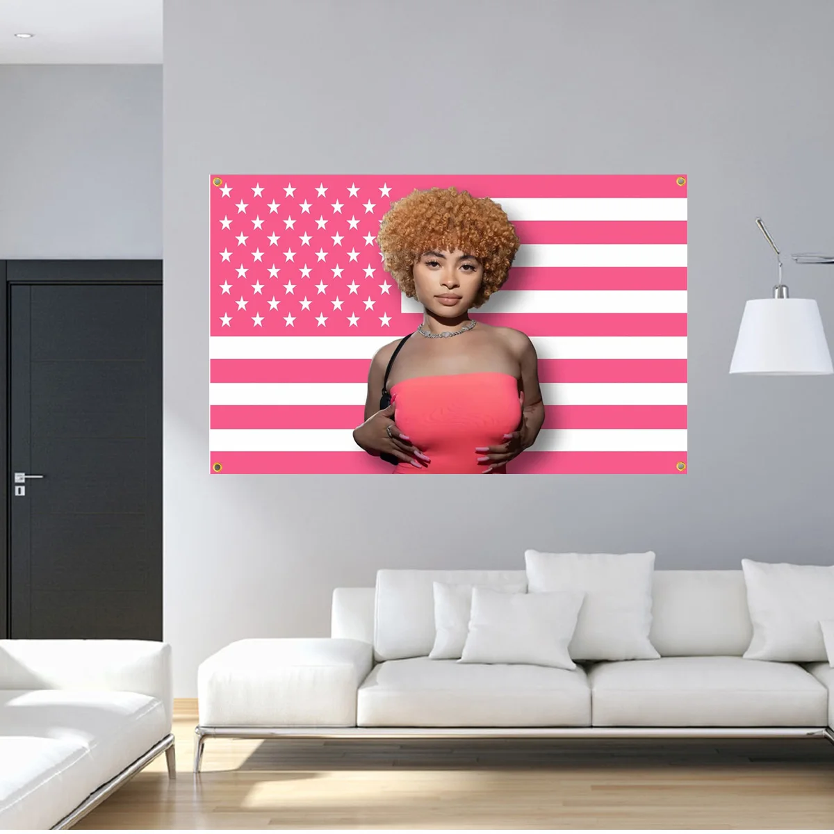 Ice Spice Tapestry Wall Tapestry Ice Spice American Flag Pink Tapestry 3x5Fts 90X150cm with 4 Brass Gromments