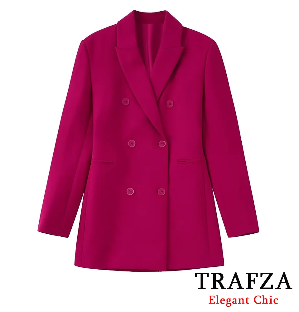 TRAFZA-Women Fashion Mid-Long Blazer Double-Breasted Lapel Blazer New 2024 Autumn Winter Urban Elegant Dinner Date Blazer 1.6lb