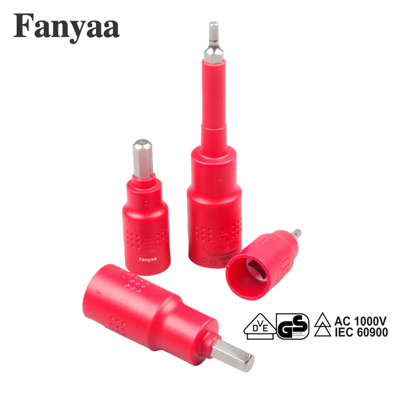 Fanyaa VDE Nut 3/8, 1/2 Dr. Individual Insulated Hex Bits Sockets Spanner Insert Tool Hexagon 6Pt. Metric 4-10mm Adaptor Wrench