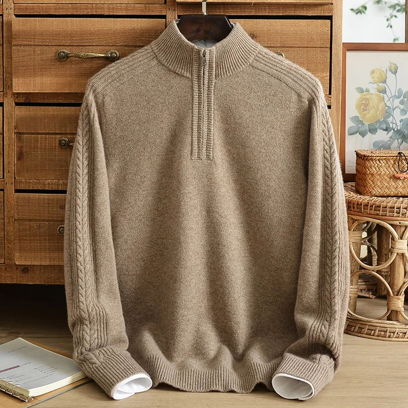 Pure cashmere sweater men's half turtleneck zipper sweater winter double-strand thickened warm bottoming sweater middle-aged