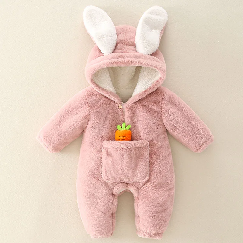 Winter Baby Cute Hooded Fleece Rompers Children Clothing Baby Girls Thicken Warm Jumpsuit Autumn Infant Cute Rabbit Ear Clothes