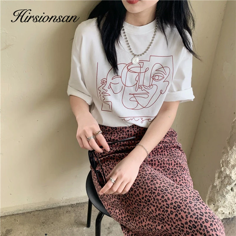 Hirsionsan Abstract Line Printed T Shirt Women Funny Graphic Soft Loose Female Tees Cotton Summer Casual Tops Khaki Tshirts 2023