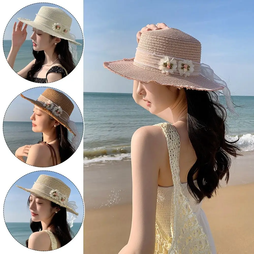 

New Wide Brim Sun Hat Sun Protection Lace Bow Flower Beach Hats Foldable Handmade Bucket Hat Travel and Vacation