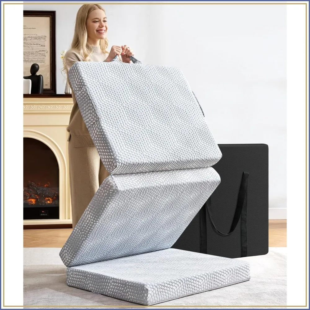 Memory Foam Folding Topper 3.95 Inch Small Queen Size with Storage Bag, Trifold Guest Mat for Camping, Road Trip, Gray, 58x78 Inch