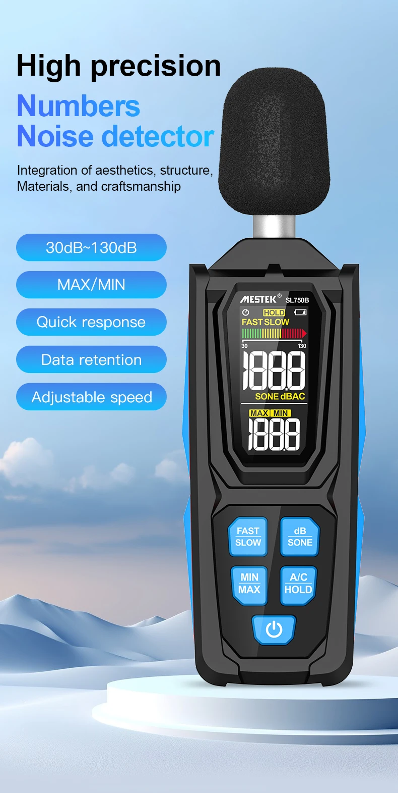SL750B Digitales Schallpegelmessgerät 30–130 dB A/C gewichtetes professionelles Sonometer Lärmtester Lärm Dezibel-Messgerät – Detail 1