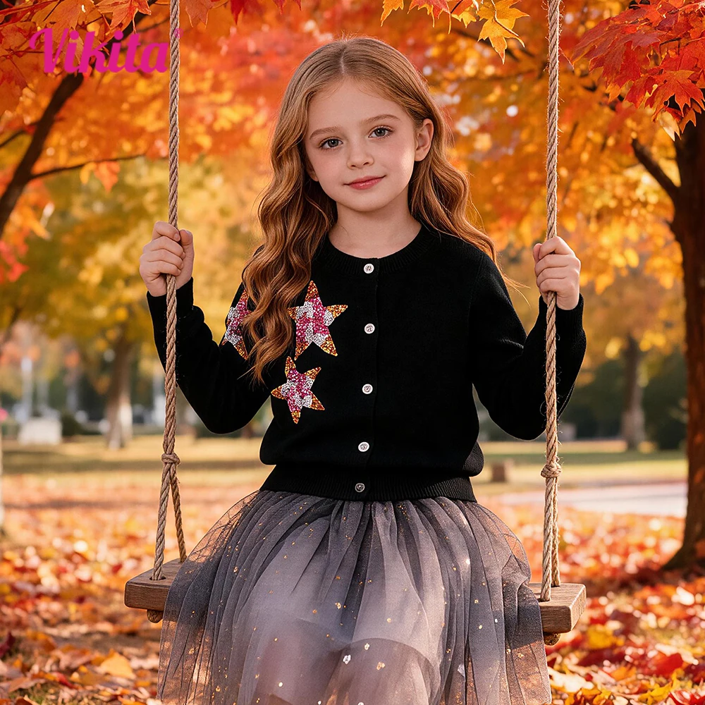 Schwarze Strickjacken für Kleinkinder, Mädchen, Rundhalsausschnitt, Knopfleiste, Frühlings-Herbst-Outfits, Pullover mit glitzernden Pailletten, Sternenapplikationen
