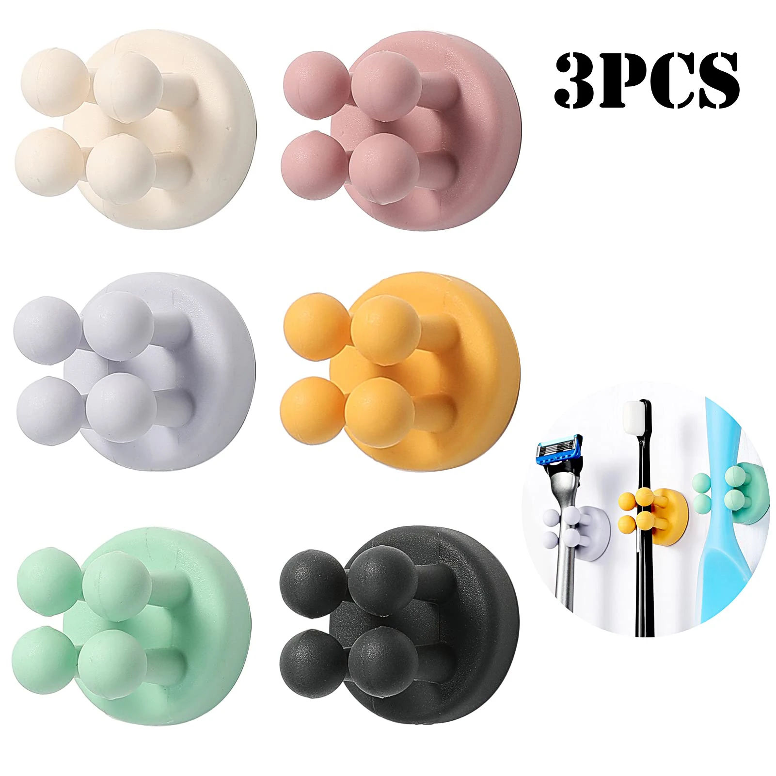 3Pcs Self Adhesive Hooks Toothbrush Holders Hanging Towel Key Clothes Cable Silicone Decoration Hook Stick Kitchen Bathroom